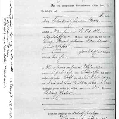 Birth Record: Ludwig Theodor Straus, born Aug. 17, 1881 in Mannheim, Baden, Germany. Father: Hermann Straus. Mother: Luise Elisabeth Mannheimer.