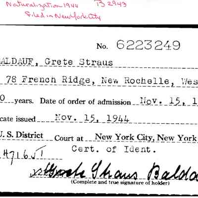 Natrualization Record: Grete Straus. November 15, 1944.