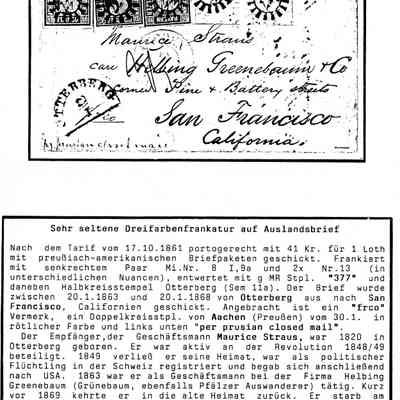 Postcard: Straus-Dynastie, Otterberg, Germany to Maurice Straus, care Helbing Greenebaum & Co., corner Pine & Battery Streets, San Francisco, California. Undated.