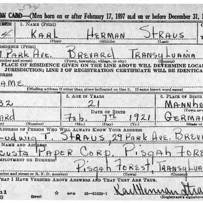 World War II Draft Registration: 1942, No. 10,716. Karl Herman Straus. Age 21. Residence Brevard, NC.