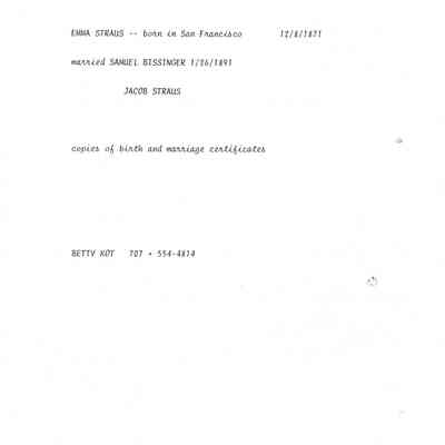 Research Materials: Kot, Betty. Emma Straus information.