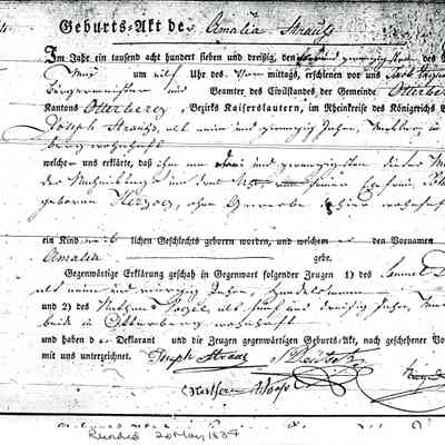 Birth Record # 44: Amalia Straus, daughter of Joseph Straus and Johanetta, nee Herzog. Recorded 20 May 1937 in Otterberg. Printed form with handwritten entries. In Old German.