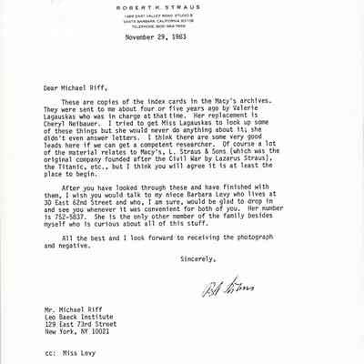 Letter: Straus, Robert Kenneth, Santa Barbara, CA, to Michael Riff, Librarian, Leo Baeck Institute, New York, NY. 29 November 1983.