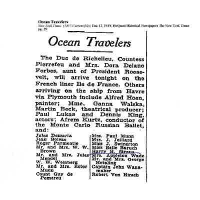 Article: "Ocean Travelers," The New York Times. 12 December 1933.