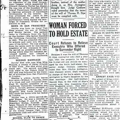 Article: "Isidor Jacobs, Business, Civic Leader of S.F., Dies in London: Ex-President of California Canneries Stricken at Age 68," San Francisco Chronicle, San Francisco. 7 may 1926. Page 3, Column 1. Two pages.