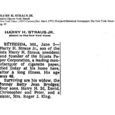 Obituary: "Harry H. Straus Jr.", The New York Times. 6 June 1972.
