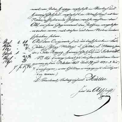 Business Paper: Vor Friedrich Ludwig Schmidt, mentions Johanette GRUENEBAUM and L. Straus jun. No. 422. 12 October 1841. In Old German. Not translated. Four handwritten pages.