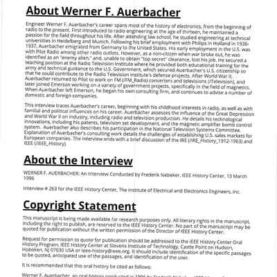 An oral history of Werner F. Auerbacher by Frederick Nebeker