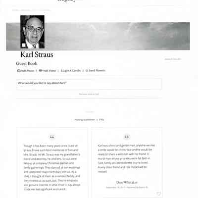 Obituary: "Karl Straus: Guest Book," Legacy.com Asheville, NC. 11 September 2017. Three pages with photograph.