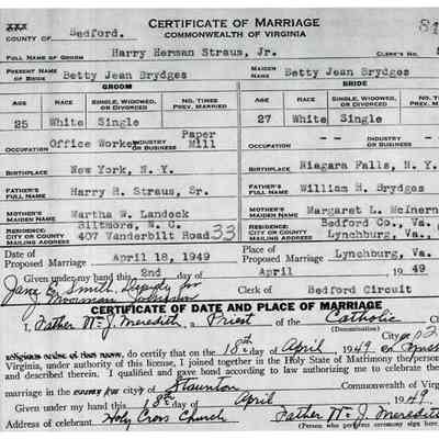 Marriage Certificate: Harry Herman Straus Jr and Betty Jean Brydges, Lynchburg, VA, 18 April 1949.