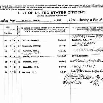 Passenger Manifest: "Tufts Victory," Sailing from Le Havre, France to New York, arriving July 16, 1946. Karl H. Straus, age 25.