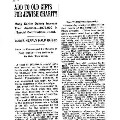 Article: "Add to Old Gifts for Jewish Charities," The New York Times. 2 November 1931.