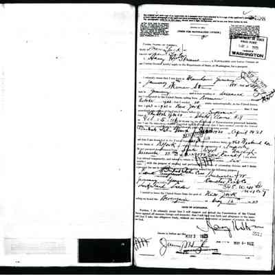Passport: Harry Hans Straus, Number 281288 issued in Washington. 4 May 1923.