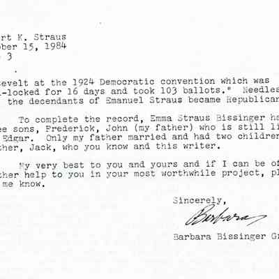 Letter: Grant, Barbara Bissinger, to Robert Kenneth Straus, Santa Barbara, CA. 15 October 1984.