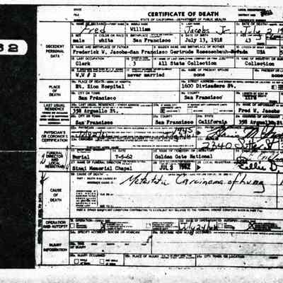 Death Certificate 5207: Fred William Jacobs Jr., 358 Arguello. 2 July 1962.