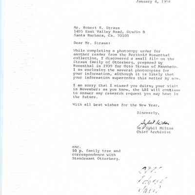 Letter: Dr. Sybil Milton, Chief Archivist of Leo Baeck Inst. to R.K. Straus