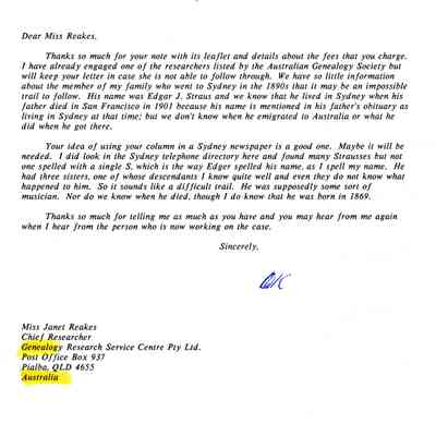 Letter: Robert K. Straus to Miss. Janet Reakes, Chief Researcher. August 27 1991.