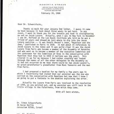 Letter: Straus, Robert Kenneth, Santa Barbara, CA, to Simon Schwartzfuchs, Jerusalem, Israel. 14 February 1984.