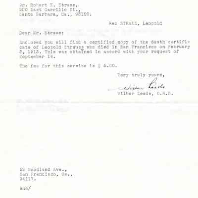 Leeds, Wilber, San Francisco, CA, to Robert Kenneth Straus, Santa Barbara, CA. 21 September 1982.