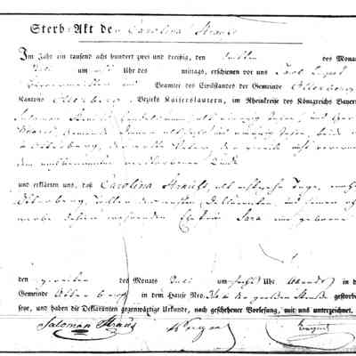 Death Record: Carolina Straus, daughter of Salomon Straus and Sara Mayer, Recorded 3 July 1832 in Otterberg.