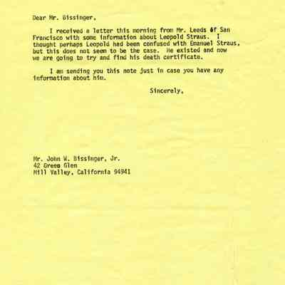 Letter: Straus, Robert Kenneth, Santa Barbara, CA, to John W. Bissinger Jr., Mill Valley, CA. 1 September 1982.