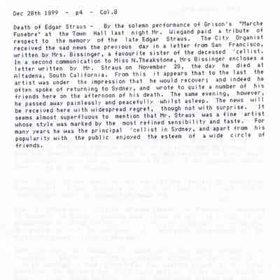 Letter: Waddingham, Mrs. Trissia M., Earlwood, Australia, to Robert Kenneth Straus, Santa Barbara, CA. 27 August 1991.