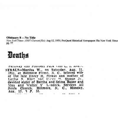 Obituary: "Deaths: Straus, Martha W," The New York Times. 12 August 1951.