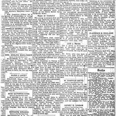 Obituary: "Oskar Straus, 83, Noted Composer," The New York Times, 12 January 1954.