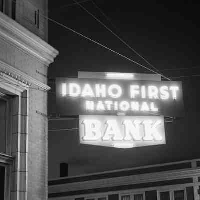 The Idaho First National Bank sign at night