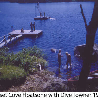 Sunset Cove floats, with dive tower 1951
