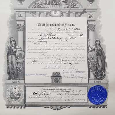 Masonic Certificate for Maurice Watts 1972
