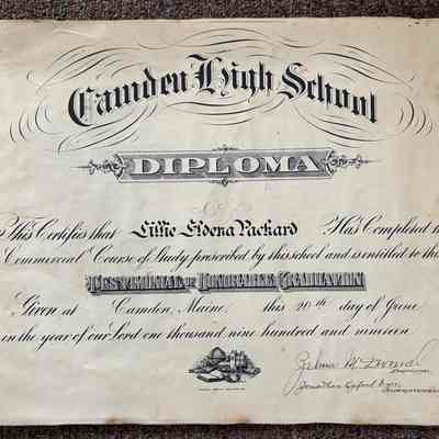 Diploma from Camden High School to Lillie Eldena Packard 1919