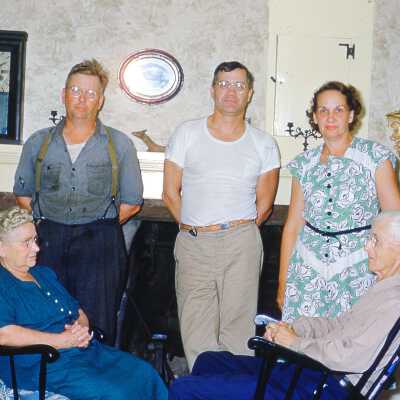 1952 - Grandfather Robert Hemeon, wife Bertha Wade Hemeon in Rockers plus Charlie, Robert & Helen Dodd