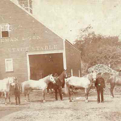Freeman & Son Livery Stable with horses: Appears to be a later view with an addition to the left. Existing house is visible at right