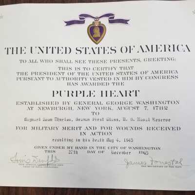 Purple Heart Certificate for Maynard Thurlow