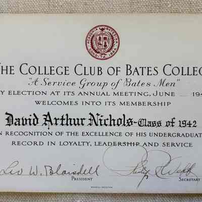 Membership Certificate from the College Club of Bates College to David Nichols Class of 1942