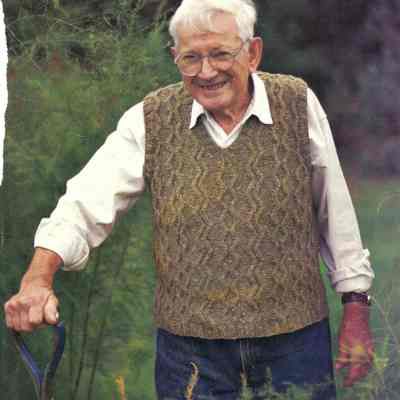 Frank Slegona modeling a sweater: from Interweave Knits, Spring 2005
