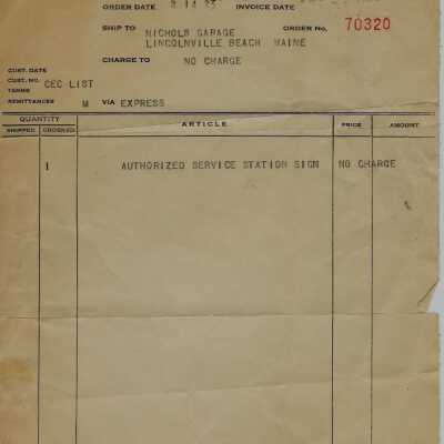 Invoice for authorized service station sign for Nichols Garage