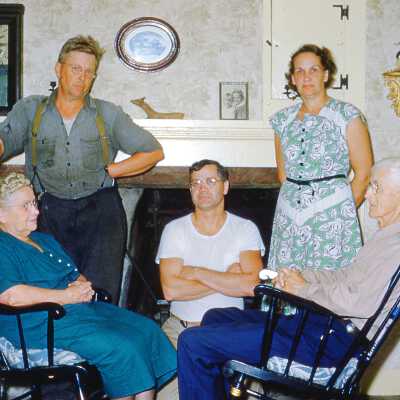 1952 - Grandfather Robert Hemeon, wife Bertha Wade Hemeon in Rockers plus Charlie, Robert & Helen Dodd