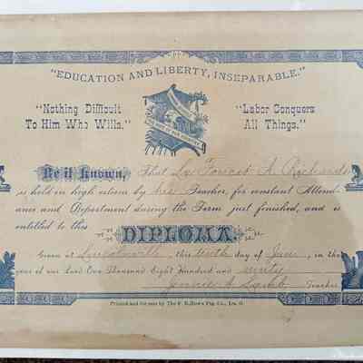 Diploma for Attendance & Deportment presented to LaForest A. Richards 1890