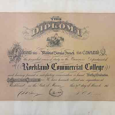 Diploma from Rockland Commercial College to Mildred French 1915