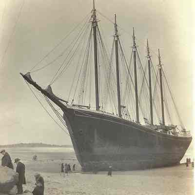Ship aground near Steamboat Wharf, April 29, 1910: "Schooner Charles A. Campbell went ashore near old Steamboat Wharf under full sale [sic]. Man at the wheel put her on high and dry  purposly[sic]" from diary of Ralph Richards ( 2007.85.1) However, the "Chas. A. Campbell" was a four-master, and the ship in the photo is the five-master "Nancy", a mystery to be solved!