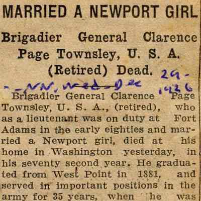 Fort Adams: Brigadier General Clarence Page Towsley U. S. A. (Retired) Dead