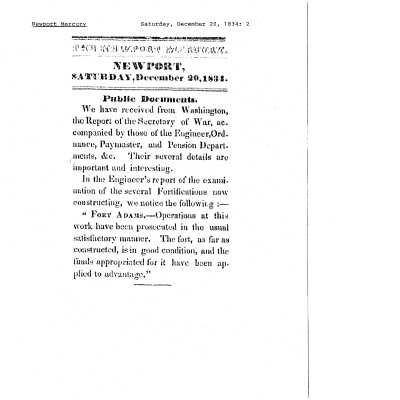 1834 NM Report of the Sc. of War on Fort Adams