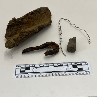Iron pipe, hook, copper wire, wood cork