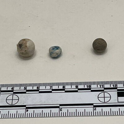 Ceramic ball, glass bead, lead musket ball NE Tenailles 8/76