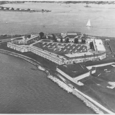 Aerial view of Fort Adams (looking northeast) with tents on Parade Field