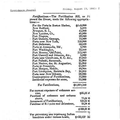 1841 ProJo Fortification Bill Appropriation