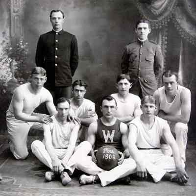 7 men in group basket ball team portrait "Post 1908"