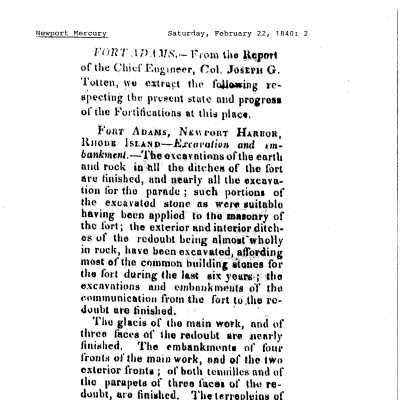 1840 NM Totten Report on Fort Adams Progress